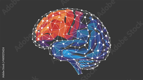 Brain Network: The digital representation of a brain, a vibrant network of interconnected nodes, visualized in a blend of colors, showcasing the intricacies of cognitive functions.
