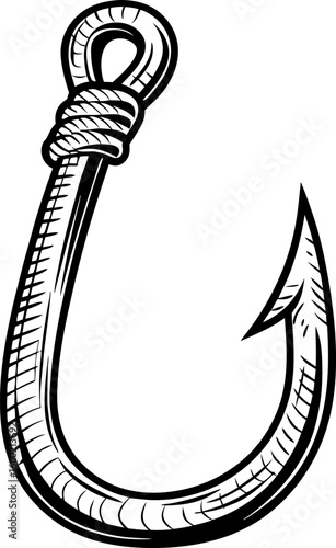 Single fishing hook with detailed rope knot illustration sharp metal barb, classic angling equipment, isolated outline