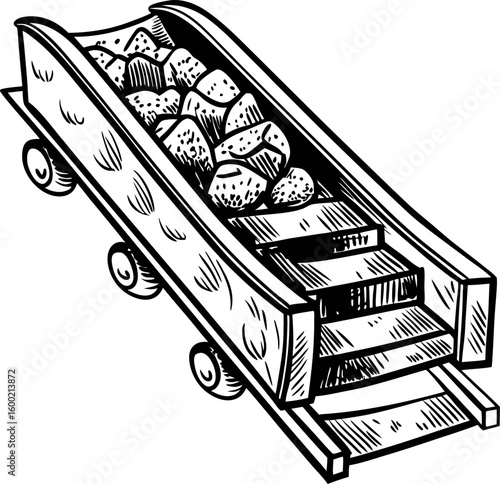 Mining cart filled with rocky minerals on rails vintage hand drawn illustration of ore transportation in mining industry