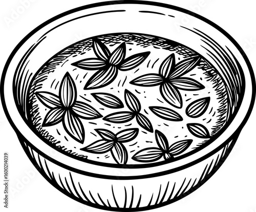 Herbal spa bowl with floating flowers and petals hand drawn wellness decoration, relaxation therapy illustration