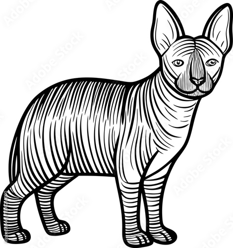 Sphynx cat illustration detailed black and white line art of hairless feline, standing, side view, domestic pet concept