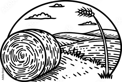 Rolled hay bale in rural field hand drawn farmland landscape with wheat, clouds, countryside hills, harvest season concept