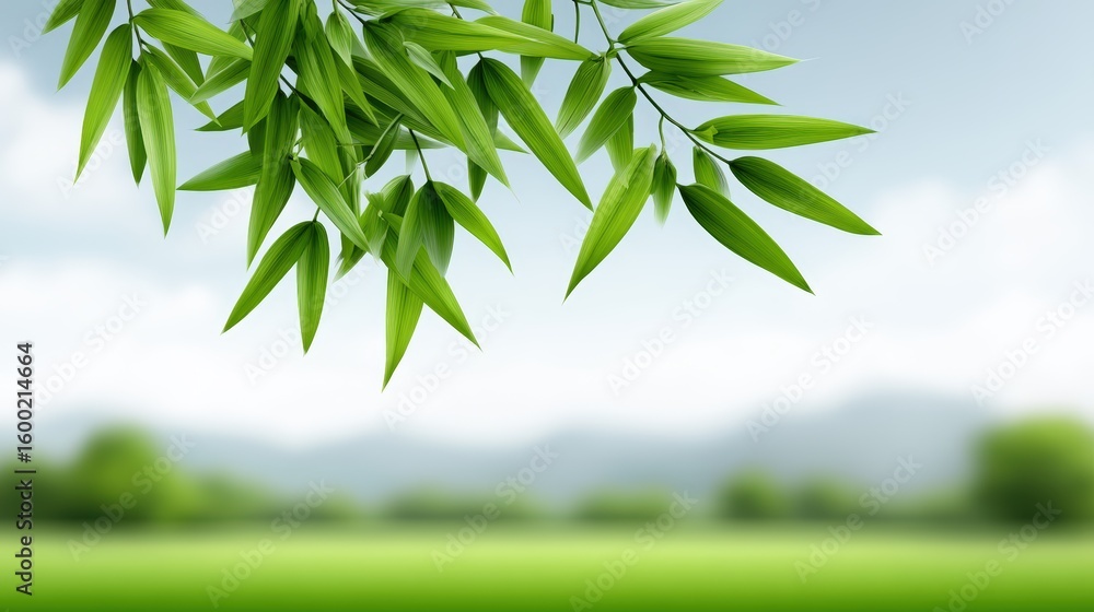 Obraz premium Minimal natural landscape featuring bamboo grove entrance with soft light and distant hills, wide open space with soft natural light, blurred background elements like distant mountains or ocean
