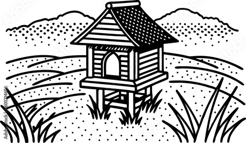 Traditional wooden hut on stilts in rural landscape hand drawn illustration with grass, hills, and simple line art design