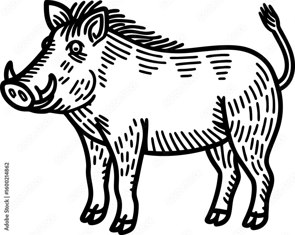 Fototapeta premium Wild boar illustration, hand drawn animal sketch in black and white, vintage etching drawing