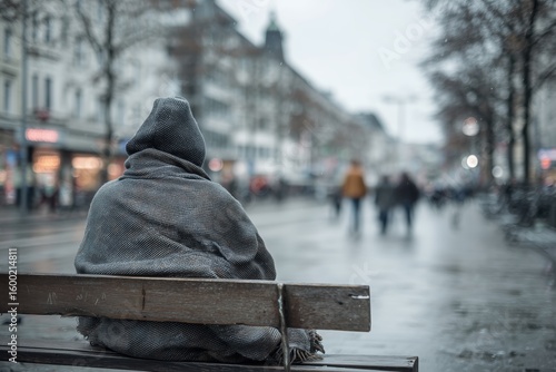 Homeless person wrapped in blanket sitting alone on bench during snowfall in cold winter city, highlighting urban poverty and social isolation

