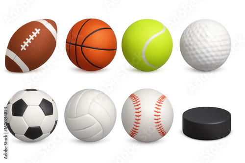 Collection of popular 3d sports balls including football, basketball, tennis, and more