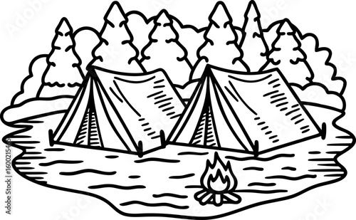 Camping tents with campfire in forest clearing outdoor adventure, wilderness exploration, pine trees, nature scene