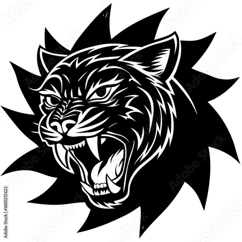Stylized black panther head roaring fiercely with sharp teeth and claws around it