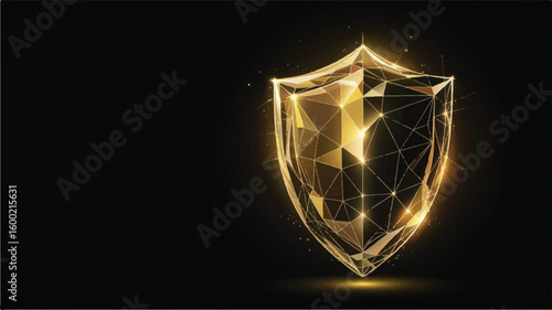 Golden Shield: A luminous, polygonal shield glows against a dark backdrop, symbolizing security, protection, and data defense.