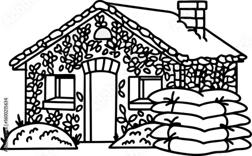 Ivy covered cottage with sandbags at entrance leafy country house, safety preparedness, rural protection
