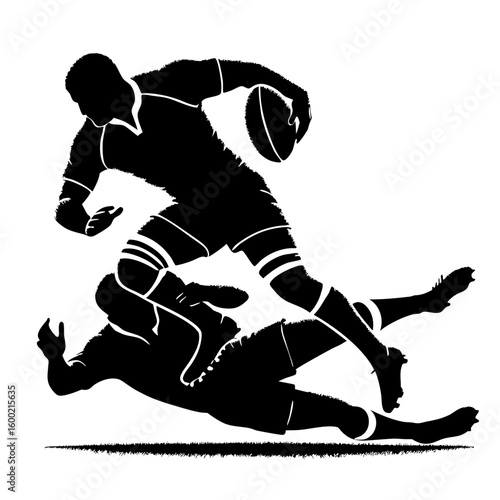 Rugby game shows intense action on field with two rugby players in silhouette. Rugby game captures spirit of competitive sport, players tackling and striving for victory.