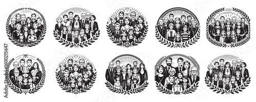 Diverse families gathered in circular frames family people