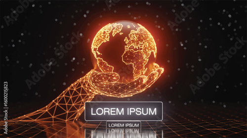 Global Innovation: A futuristic illustration presents a digital earth held gently by a network of connected hands, with a prominent text area, symbolizing innovation.