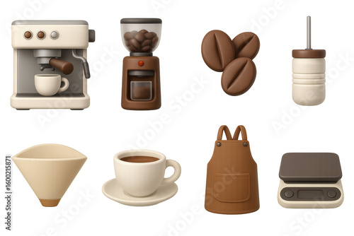 Wallpaper Mural Coffee equipment icons set featuring grinder, espresso machine, and accessories in 3d render Torontodigital.ca