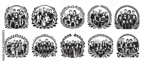 Diverse family groups depicted in decorative frames people generations