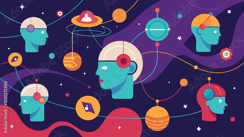 Artificial intelligence and human collaboration in a cosmic abstract space with creative and mental health symbols