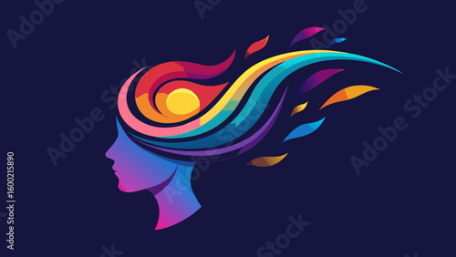 Abstract female head with colorful flowing shapes symbolizing the stream of ideas and creative thinking