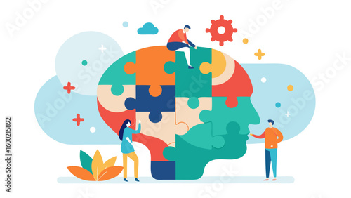 People assembling puzzle pieces in a human head shape symbolizing teamwork, mental health and problem solving