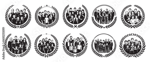 Diverse family groups depicted within laurel wreaths people generations