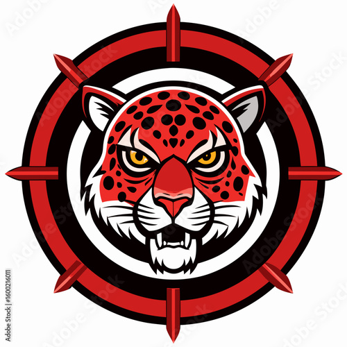 Aggressive jaguar with spear emblem, fierce red and black design, strong, dangerous cat