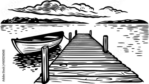 Wooden dock and rowboat on calm lake with distant mountains and clouds in hand drawn black and white illustration