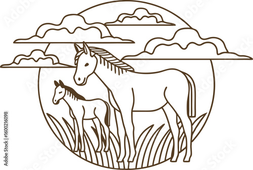 Mother horse and foal standing together on grass with clouds in background equine family outline illustration