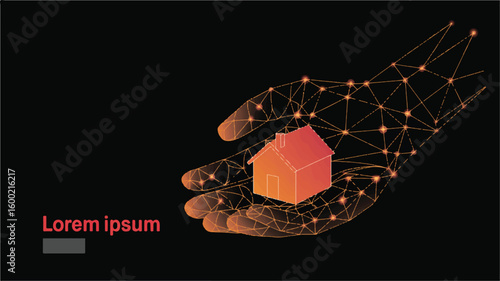 Hand Holding House: A digital art illustration showcases a stylized hand delicately cradling a miniature house, set against a minimalist background, representing the concept of security, protection.