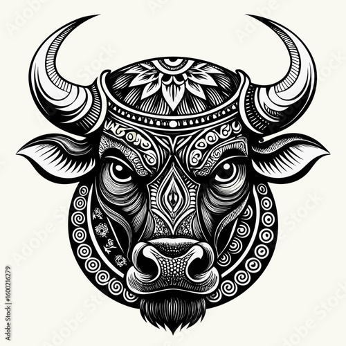 Ornate black and white bull head design with tribal patterns and floral elements, detailed vector art
