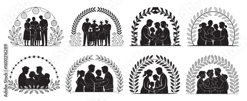 Family embracing under decorative arches people embrace