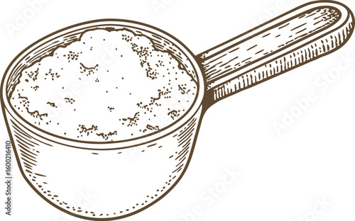 Measuring scoop filled with powder, hand drawn illustration portioning ingredient, culinary, nutrition, supplement concept