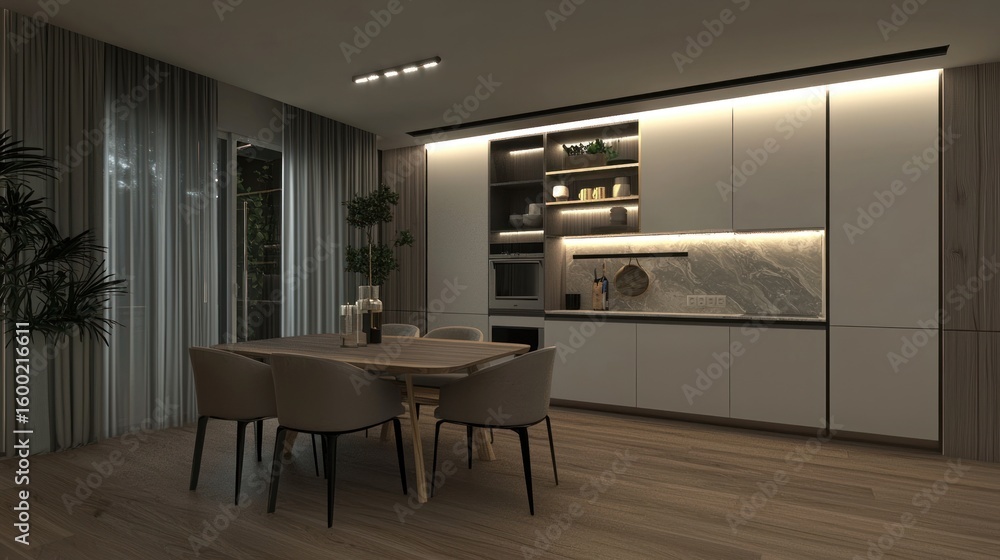 Fototapeta premium Modern dining area with kitchen design.