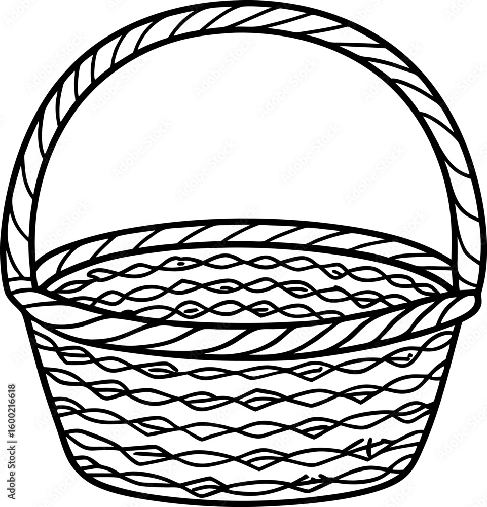 Obraz premium Woven basket with handle simple empty hand basket, decorative pattern outline illustration for coloring and crafts