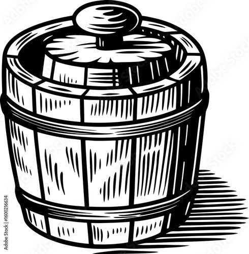 Hand drawn wooden barrel with lid vintage container illustration, retro cask storage, distillery or brewery concept