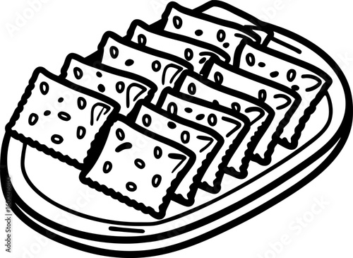 Square crackers neatly arranged on a plate savory snack, appetizer, baked food, party treat illustration