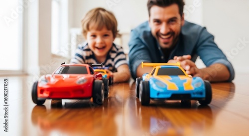 Happy father and son playing with toy cars on the floor. Family time fun for Father's Day, childhood memories, and promoting quality bonding. Toy cars race together. 