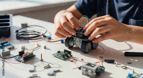 Close-up of Child Building DIY Robot Car with Electronic Components