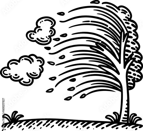 strong gusty wind blowing through tree with flying leaves and clouds nature storm, breezy weather force concept