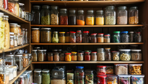 Wallpaper Mural An Organized Pantry Displaying Various Jars of Ingredients, Spices, and Condiments on Wooden Shelving Torontodigital.ca