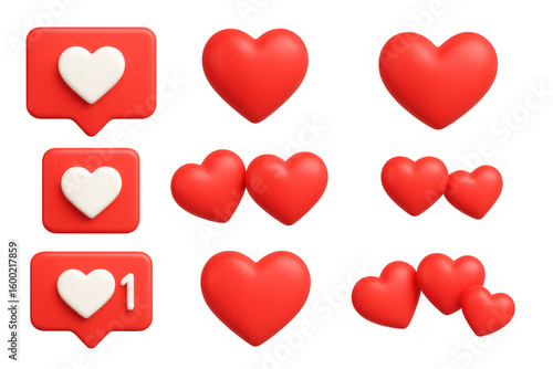 3d red heart icons and social media likes set for digital interaction