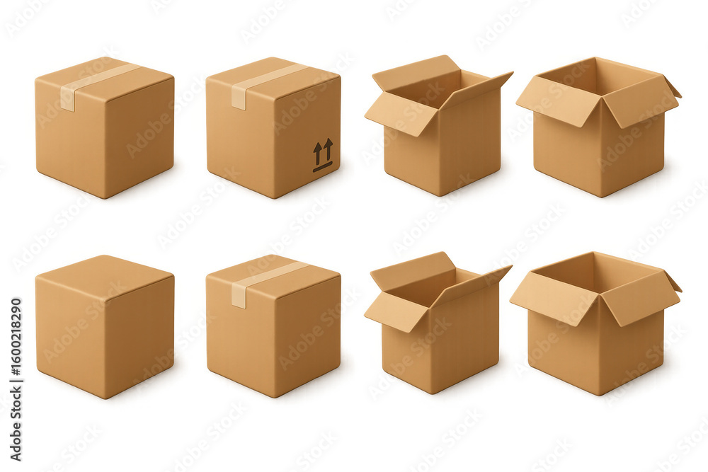 Fototapeta premium Cardboard boxes in different states: closed, open, taped, and unsealed