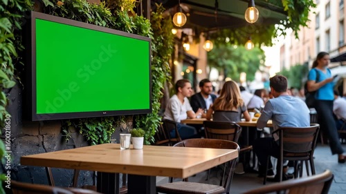Vibrant Outdoor Restaurant Patio Featuring a Large Green Screen TV for Mockup Advertising