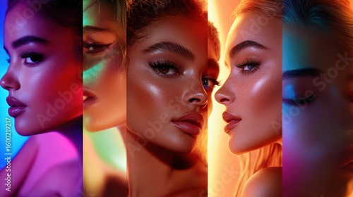 Close-up profile portraits of diverse women, vibrant color gradients