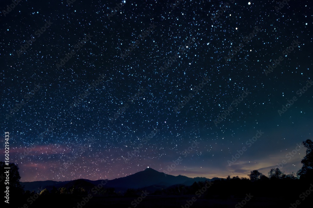 Fototapeta premium Night scene showing a starlit sky, mountain silhouette, and treeline below