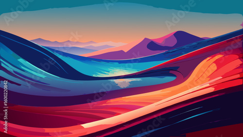 Colorful Abstract Landscape Sunrise Backgrounds – Winding River & Sunset Scenery