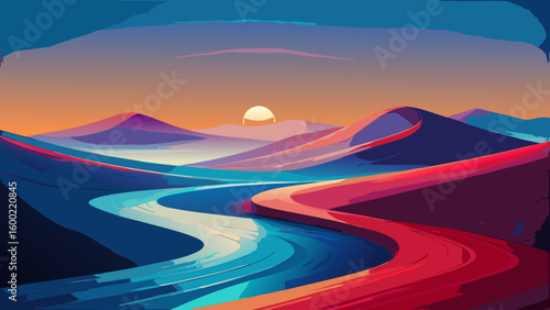 Colorful Abstract Landscape Sunrise Backgrounds – Winding River & Sunset Scenery