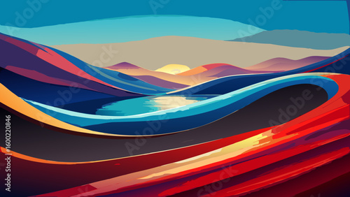 Colorful Abstract Landscape Sunrise Backgrounds – Winding River & Sunset Scenery