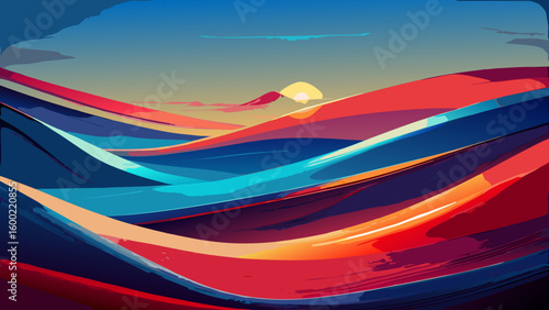 Colorful Abstract Landscape Sunrise Backgrounds – Winding River & Sunset Scenery