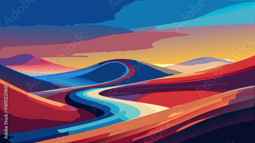 Colorful Abstract Landscape Sunrise Backgrounds – Winding River & Sunset Scenery