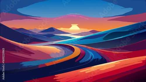 Colorful Abstract Landscape Sunrise Backgrounds – Winding River & Sunset Scenery
